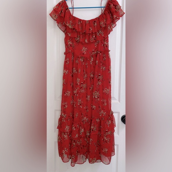Zara Ruffled Off-Shoulder Warm Red Floral Crinkled Chiffon Tiered Midi Dress - Picture 2 of 8